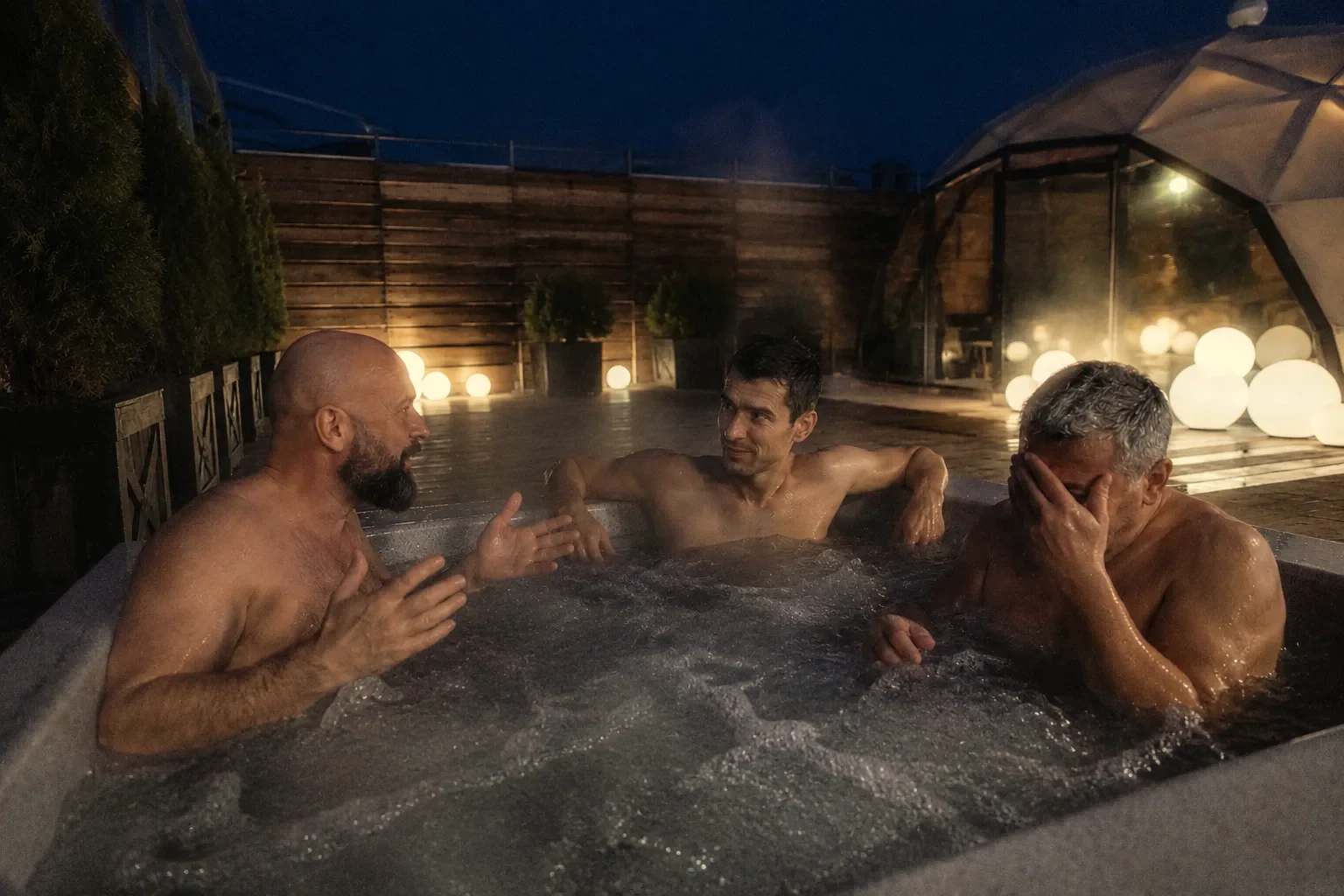 Компания мужчин отдыхает в джакузи на террасе AuraSPA вечером
