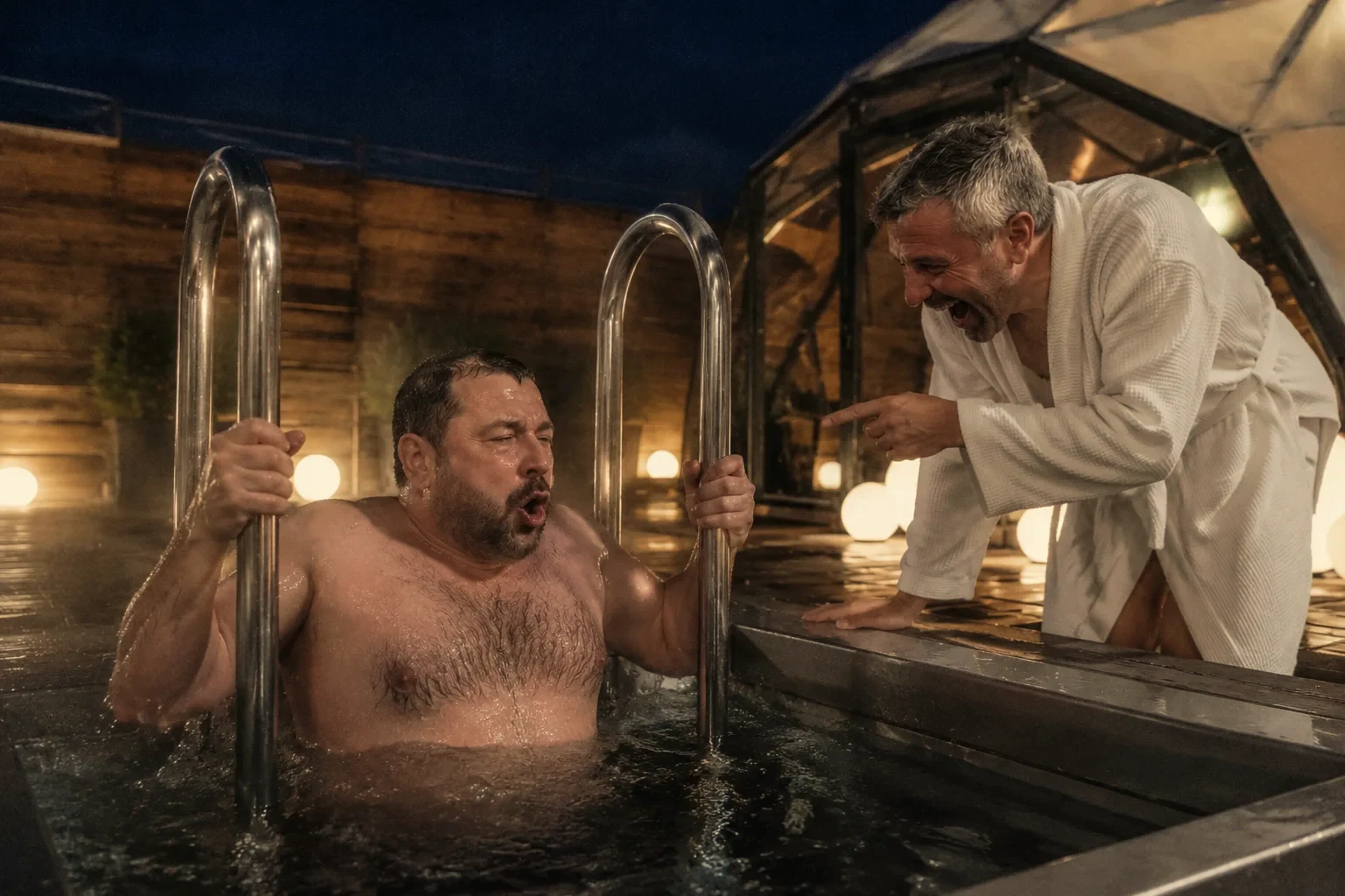 Мужчина окунается в холодную купель на террасе AuraSPA, рядом смеётся друг