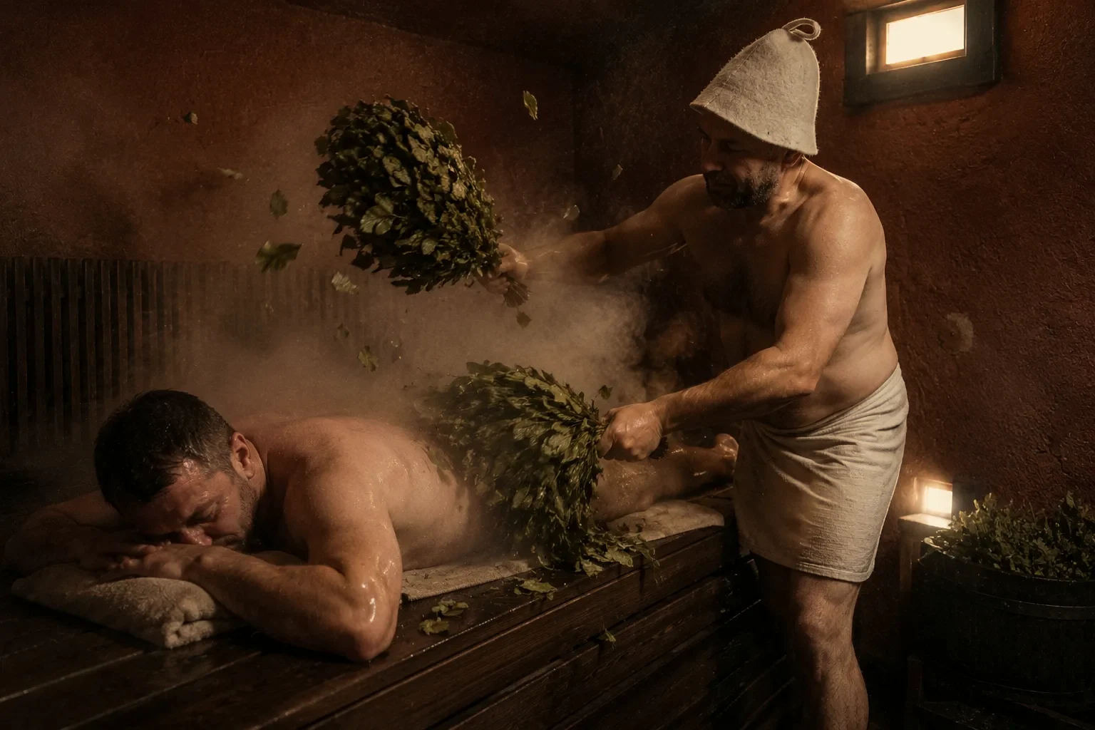 Пармейстер парит гостя дубовыми вениками в парной AuraSPA