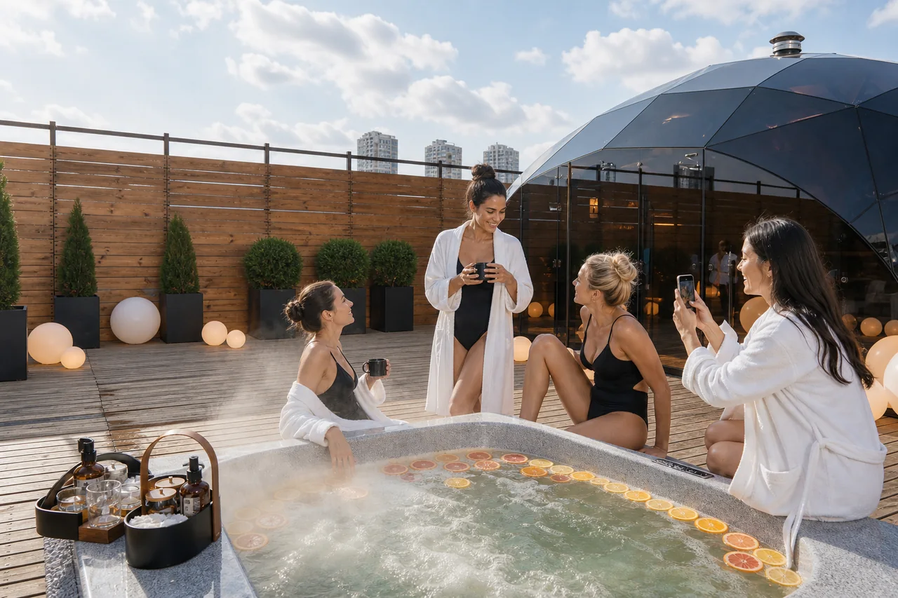 Компания женщин отдыхает на террасе AuraSPA у купели и купольной бани днем