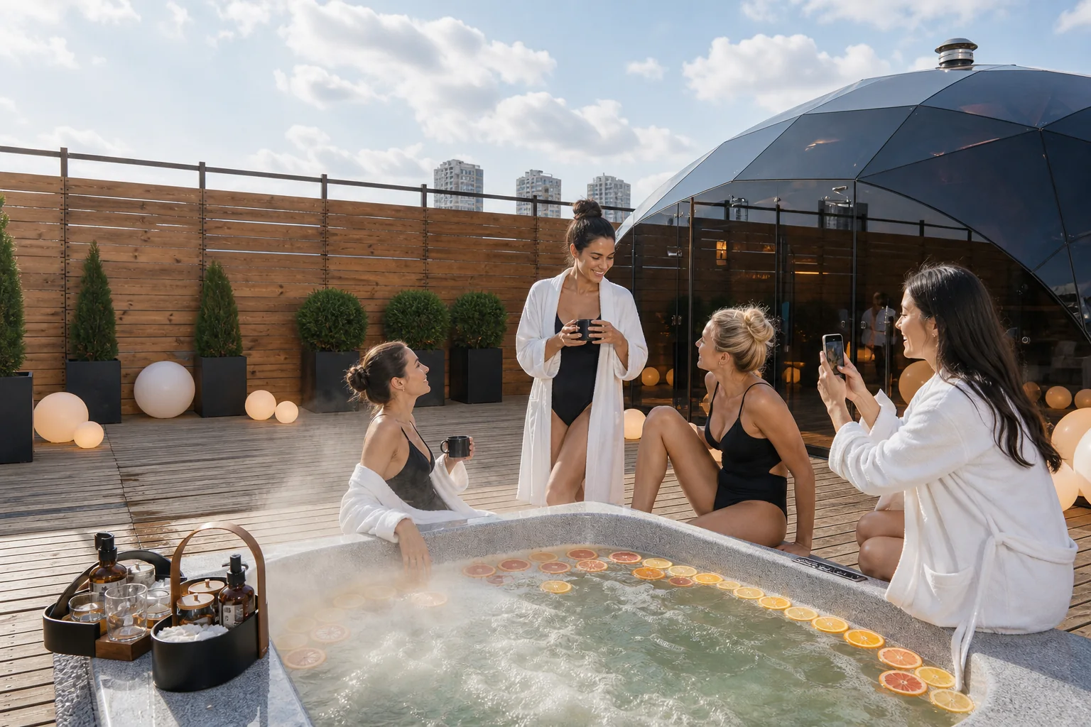 Приватная терраса AuraSPA с купелью и купольной баней днем